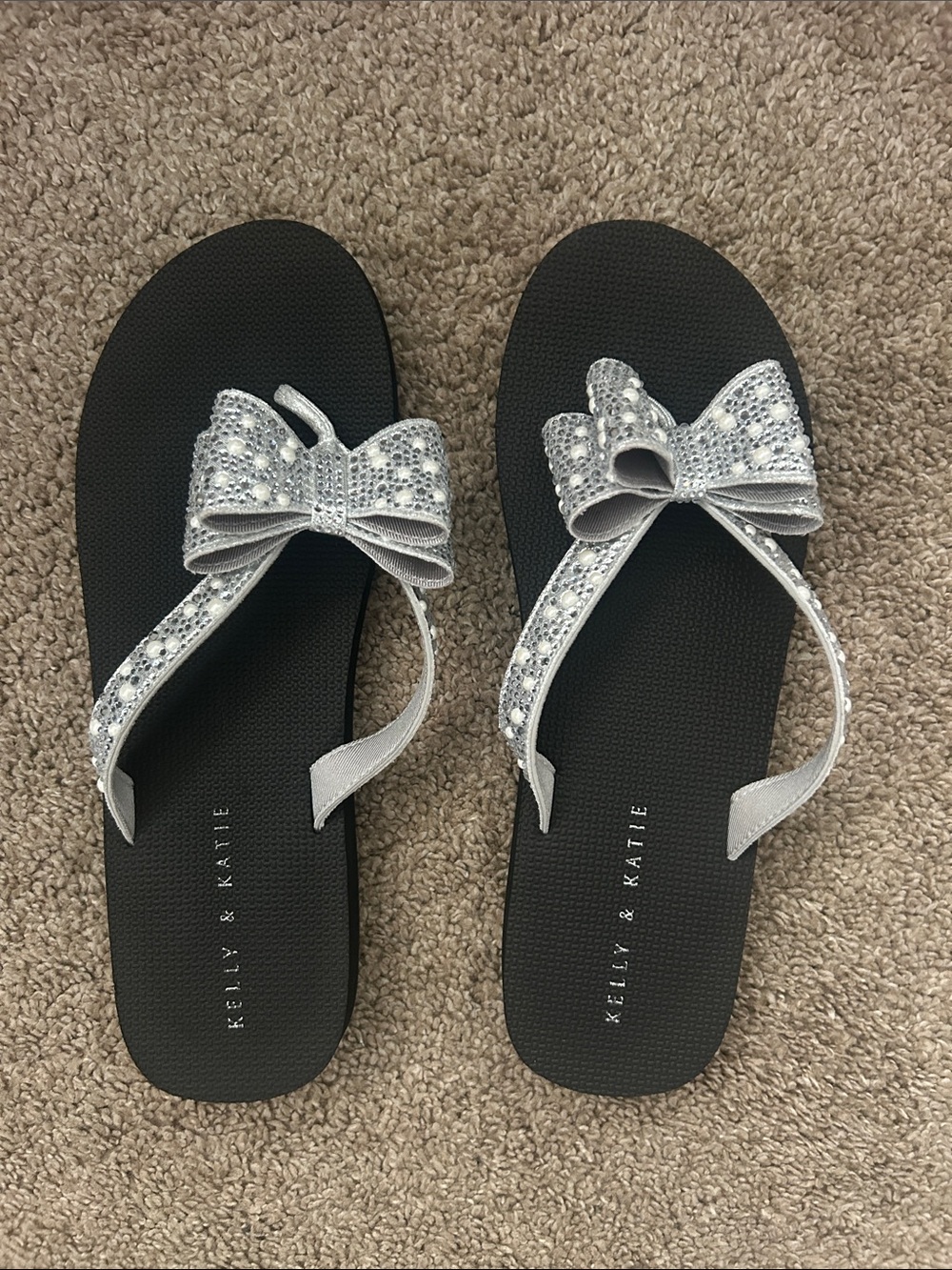Kelly & Katie Black Footbed Silver Bow Rhinestone Sandals